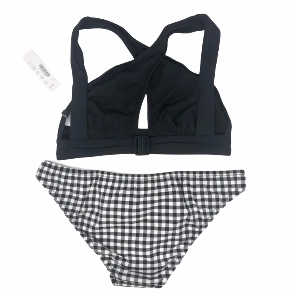 J Crew Crossed Halter Lowrider Bikini in Black Gingham Size S and L NWT